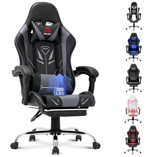 COLAMY Gaming Chair, Computer Chair with Footrest and Lumbar Support, Height Adjustable Gaming Chair with 360°-Swivel Seat and Headrest, Grey