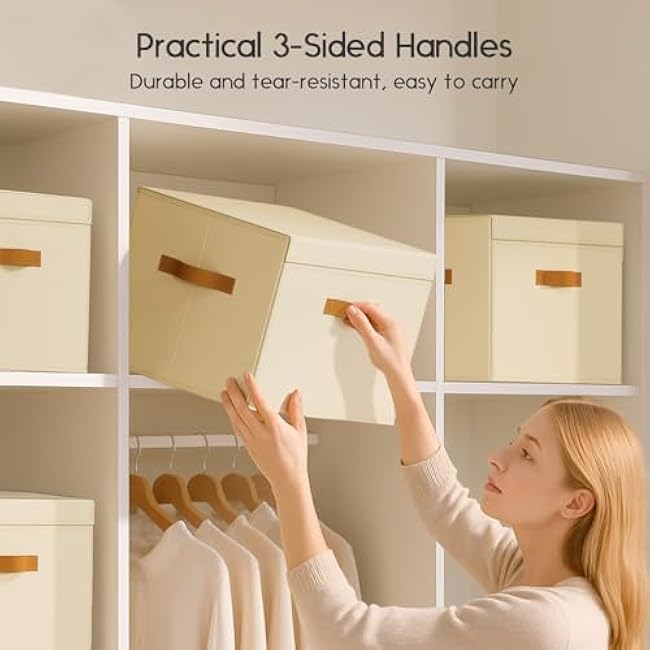 Large Storage Bins with Lids - Front Opening Fabric Storage Bins, Flap Closet Organizer with Handles, Collapsible Boxes with Lid, Decorative Basket for Home, Dorm, 2 Pack, Beige