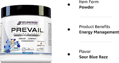 Prevail Pre Workout Powder With Nootropics: Best Pre Workout For Men And Women, Cutting Edge Energy And Focus Supplement With L Citrulline, Alpha Gpc, L Tyrosine | Sour Blue Razz, 40 Scoops #TOP6