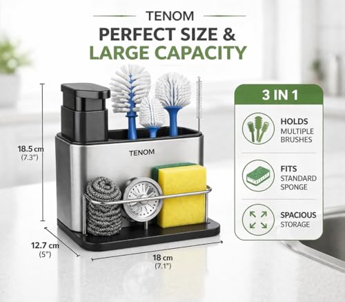 Image of TENOM Soap Dispenser for Kitchen Sink with Sink Organiser & Sponge Holder, Stainless Steel Rust Proof Dishwasher Safe Space Saving Dishwashing Liquid Rack Organizer (Silver)