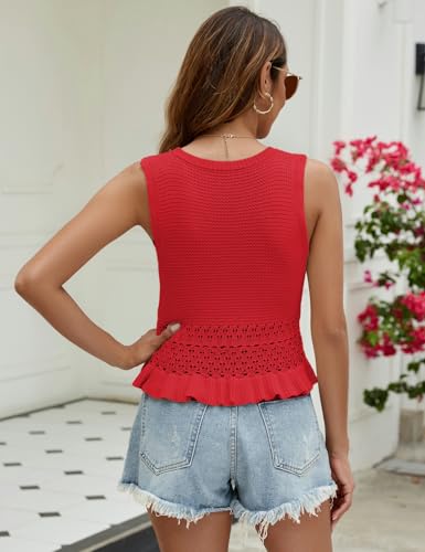 Image of VIMPUNEC Womens Crochet Crop Tank Tops Sleeveless Knit Sweater Vest Ruffle Hem Summer Top