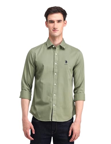 Image of U.S. Polo ASSN. Solid Slim Fit Shirts for Men - 100% Cotton, Full Sleeve Mens Casual Shirts