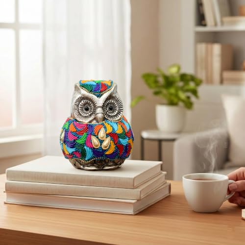Image of Vintage Metal Owl Showpiece and Paper Weight Metal Handicraft Idol for Home Decor (Silver Stone)