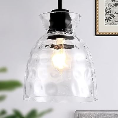 IMPIOIO Lager Glass Pendant Light Modern Hanging Lighting Adjustable Cord Hammered Glass Pendant Lighting Fixture for Kitchen Island Dining Room Sink Hallway Entrance,9.8inch,Black