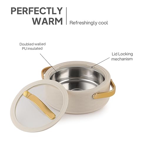 Image of CELLO Velvetto Deluxe 1500 Insulated Casserole Hot Box for Kitchen 1500 ml, Cream | Airtight See Through Lid Hot Pot Case Keeps Food Hot & Warm for Long Hours, Casserole Set for Roti, Rice & Biryani