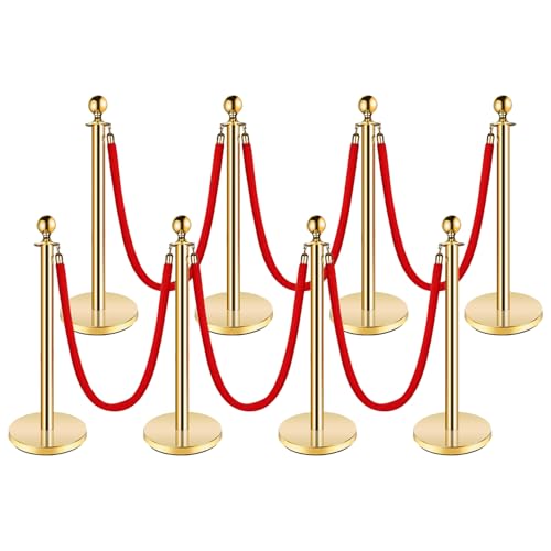 Stanchion Post with Velvet Rope, VIP Stanchion Queue Pole Barrier Posts, Red Carpet Stanchion Set, Gold 8-Pack