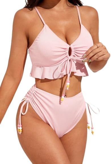 SKAYS Women's Two Piece Swimsuit Ruffle Bikini High Waisted Bikini Sets Halter Bathing Suit for Curvy Women with Drawstring