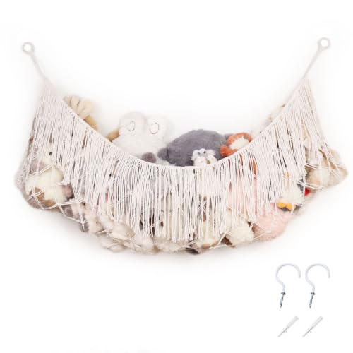 Pretty Jolly Hamaca de animales de peluche, extragrande, 150 cm de largo, organizador colgante de macramé con borlas, red tejida a mano para guardería, color beige