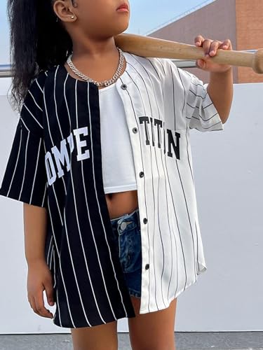 Verdusa Girl's Letter Print Striped Drop Shoulder Loose Shirt Casual Button Down Blouse Top4