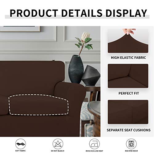 Image of Easy-Going 3 Pieces Stretch Soft Couch Cover for Dogs - Washable Sofa Slipcover for 2 Separate Cushion Couch - Elastic Furniture Protector for Pets, Kids (Loveseat, Coffee, Medium) | Sofa Slipcover for Stretch 2 Separate Sectional Cushion Couch - Elastic Furniture Protector for Pets, Kids Coffee