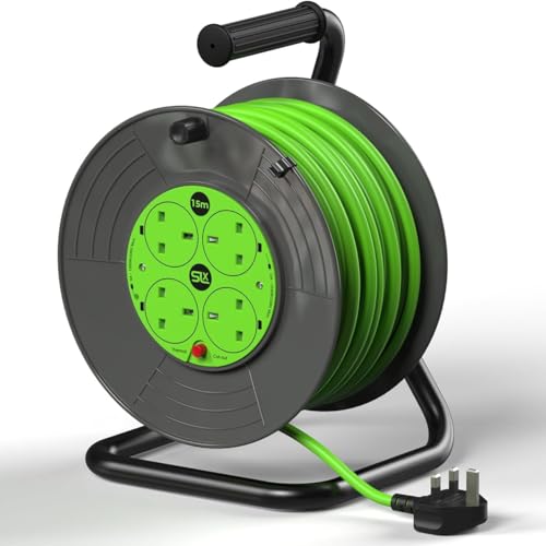 SLx Extension Lead 15m 4 Socket Open Cable Reel with Thermal Cut Out Heavy Duty Long Reach Extension Cable for Garden DIY and Workshop 13A Fused UK Plug in Grey & Green