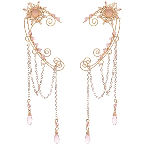 FRESHME Fairy Ear Cuffs - Elf Ears Renaissance Costume Adult Women Renfaire Accessories Non Pierced Elven Ear Wrap with Sun Design and Pink Fairycore Fantasy Dress Up Crystal Cosplay Accessories