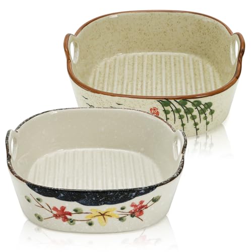 YIMITEE Paquete de 2 cacerolas pequeñas de cerámica, 7 x 6.5 pulgadas, para horno tostador, sartén de lasaña profunda de 20 onzas con asas, sartenes vintage duraderas para hornear pasteles, brownies