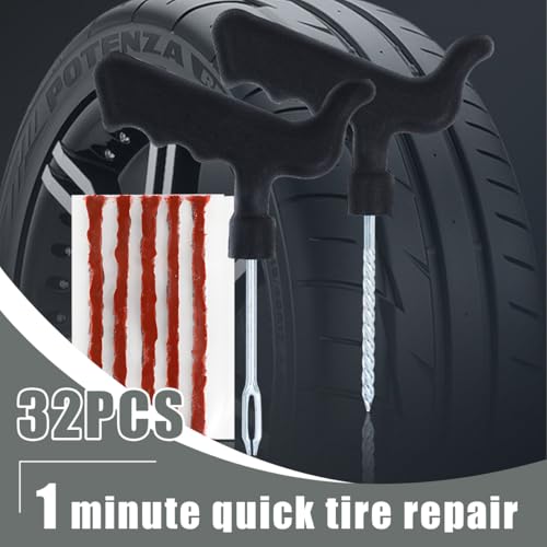 Image of 32PCS Car Tire Repair Kit with Plug, 2PCS T Handle Vehicle Tire Repair Tools with 30PCS Strings, Auto Patch Set to Fix Punctures Plug Flats, Universal for Tractor, ATV, Motorcycle