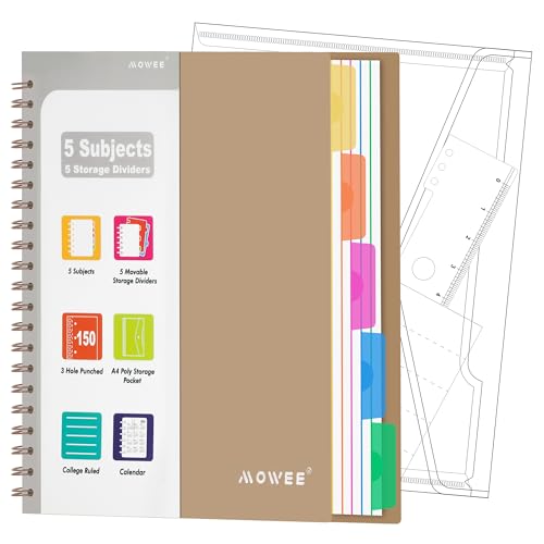 Image of 5-Subject Spiral Notebook, College Ruled, with Pocket & Tab Dividers | 300 Pages, 11 inch Ruler, 8.5 inchx11 inch Brown, Pocket Dividers with Tab Labels, for Writing Journal, Home, Office & School Supplies