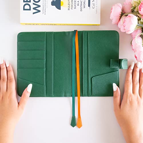 Image of NEORAH - A6 Notebook SLEEVE with SNAP Button - [ SLEEVE ONLY ]|Vegan Leather|Office Diary Holder with Penloop| 2 Front & 1 Back Pocket | 4 Card Slots |2 BookMarks - Fits any A6 Softcover - DARK GREEN