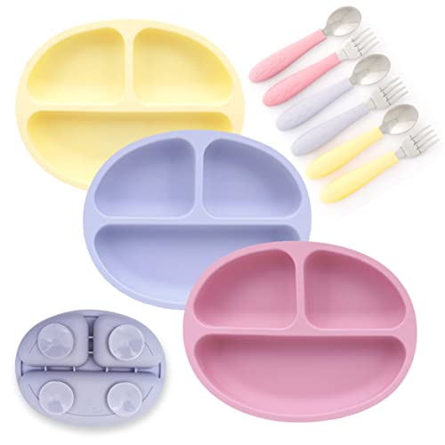 Image of Elk and Friends Silicone Suction Plate for Babies/Toddlers + Stainless Steel Silverware Feeding Set | Divided Plate | Suction Design | Forks + Spoons Included | 3 Pack