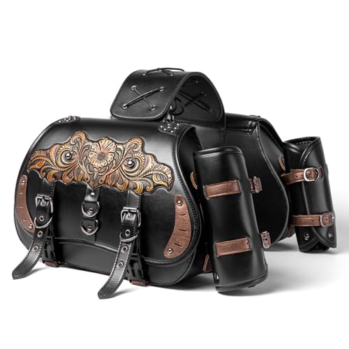 Bolsa de Herramientas para Motocicleta Micoklinlin Alforjas Traseras de Cuero PU Impermeable con Portavasos 1 Par Compatible Universal Estilo Vintage Punk