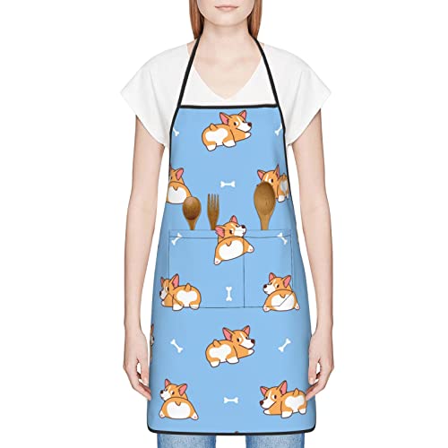 QQIAEJIA Kawaii Hund Welsh Corgi Schürzen Küche Koch Wasserdicht Verstellbar Lustige Schürze Für BBQ Mit Taschen Für Männer Frauen, Süßer Corgi-Hintern, One size