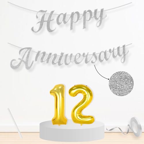 Image of Flyloons 12th Happy Anniversary Banner Silver Decorations Kit for Men Women Wedding Anniversary Banner Items without Balloons
