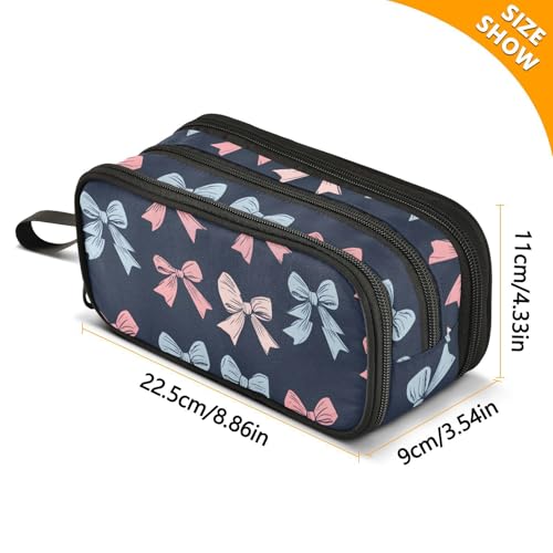 Image of ALAZA Blue Pink Bow Pattern Large Pencil Case, Pen Pouch Pencil Bag with 3 Compartments Pen Holder Organizer Stationery Bag