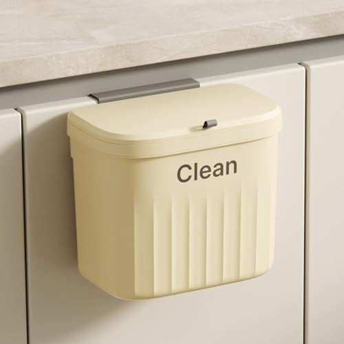 Image of Hanging Trash Can with Lid, 2.2 Gallon Kitchen Garbage Bin Food Waste Container Kitchen Compost Bin Wall Mounted Trash Can for Kitchen, Cupboard, Bathroom, Bedroom, Office, Under Sink - Beige