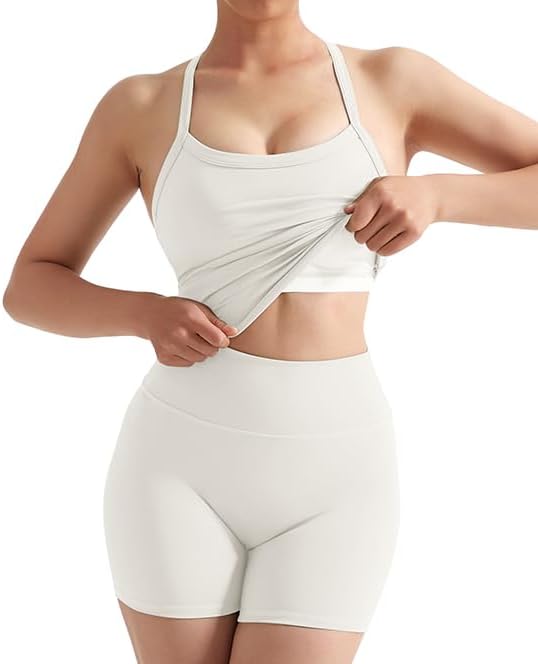 SUUKSESS Women 2 Piece Workout Sets High Waisted Tummy Control Biker Shorts Halter Padded Tank Tops - Image 3