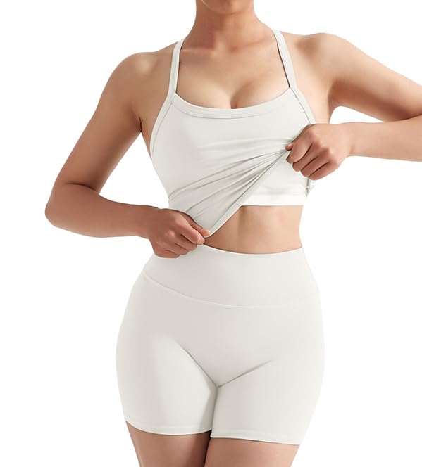 Image of SUUKSESS Women 2 Piece Workout Sets High Waisted Tummy Control Biker Shorts Halter Padded Tank Tops