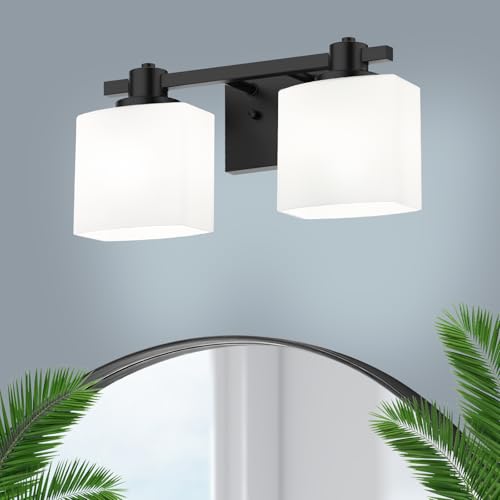 Image of 15 Inch Black Bathroom Light Fixtures over Mirror 2 Light Matte Black Vanity Light Milk Glass Makeup Shower Lamp Small Farmhouse Wall Sconce Modern Desk Vintage Rustic Bath above Sink Lighting