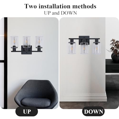 Image of Matte Black Bathroom Light Fixtures Over Mirror,3-Light Bathroom Vanity Light with Clear Glass Shade,Modern Farmhouse Wall Sconces Lighting for Mirror Kitchen Living Room Cabinet