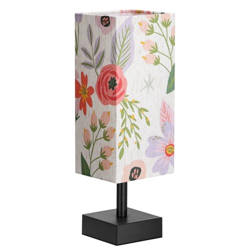 Image of aooshine Small Bedside Table Lamp for Bedroom - Square Floral Fabric Shade | Inline Rocker Switch, Corded Electric, Bulb Not Included, 12.8 inch Mini Table Lamp for Nightstand, Desk, Dorm, Office