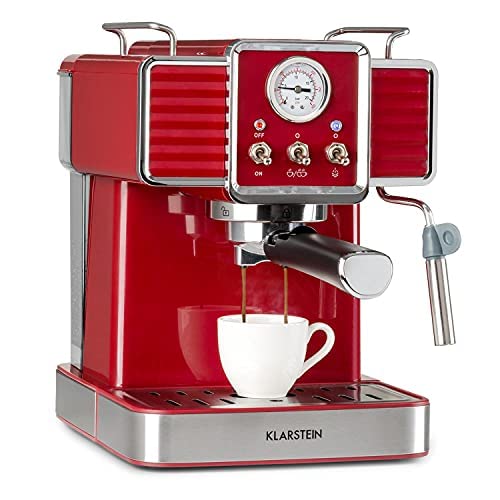 KLARSTEIN Gusto Classico - Macchina per Caffè Espresso Macinato, Macchina con Filtro, 1350 W, 20 Bar, Serbatoio Acqua: 1,5 L, Macchina Caffè Cialde, Raccogligocce in Acciaio, Rosso