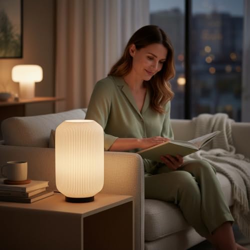 Image of Modern 3D Printed Table Lamp| Bedside Night Lamp | Warm Ambient Light for Bedroom, Living Room, Study Table & HomeDecor | Minimalist LED Desk Lamp for Cozy Lighting (Base- Black)