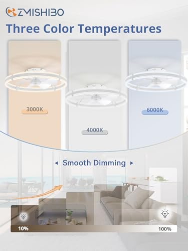 Image of ZMISHIBO 24 Inch Ceiling Fans with Lights and Remote, Modern Low Profile Ceiling Fan, 3000-6000K Dimmable Flush Mount LED Fan Light, 6 Wind Speeds, Fandelier Ceiling Fans for Bedroom- White