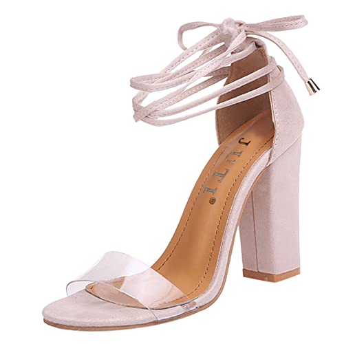 Generisch Sandalias de verano para mujer, sandalias cómodas para mujer, zapatos sólidos, tacones altos, sandalias casuales con cordones, pitido transparente, beige, 38 EU