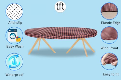 Image of The Furnishing Tree Elastic Oval Dining Table Cover WxL 35x63 in Inches Polyester Checkered Pattern Beige