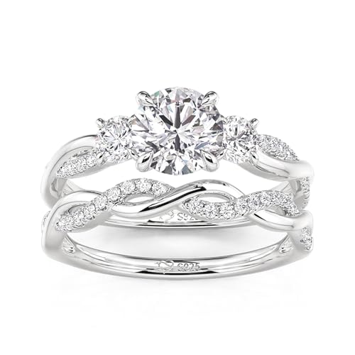 Image of Jeulia Round /Princess Cut Wedding Ring Sets for Women Three Stone Bridal Sets Engagement Ring Set CZ Twisting Infinity Pave Set 925 Sterling Silver Free Engraving