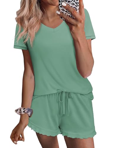 Ekouaer Womens Pajama Sets Summer Pjs Soft Short Sleeve Sleepwear Comfy Ruffle Pj Shorts Set Cute Lounge Sets with Pockets Celadon S