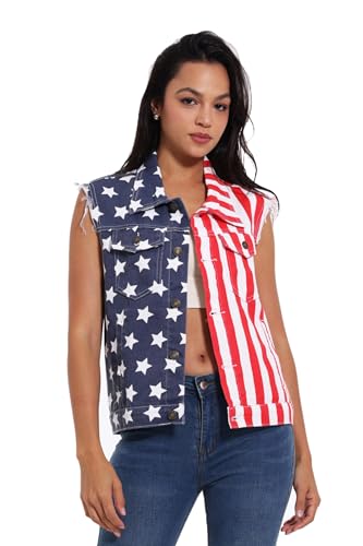 Women's Denim Vest American Flag Casual Retro Sleeveless Jean Jacket Lapel Loose Fit Biker Vest