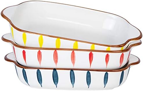AQUIVER 20oz Ceramic Small Baking Dish - 7'' x 5'' Individual Baking Pan, Color Painted Porcelain Rectangular Bakeware Set for Vegetables, Lasagna, Casserole, Bread, Brownies - Set of 3