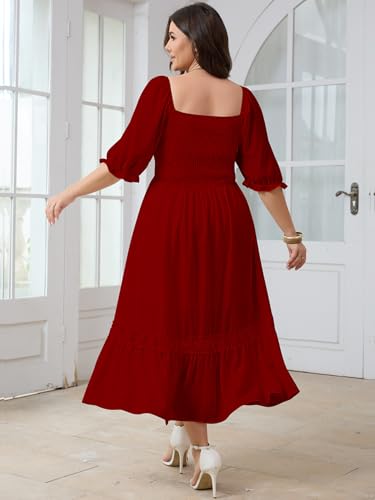 Image of SCOMCHIC Women's Plus Size Boho Maxi Dress Short Sleeve Square Neck Smocked Flowy A-Line Lace Trim Wedding Guest Dresses