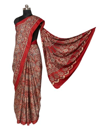 Image of Ethnics of Kutch Womenss Ajrakh Modal Silk Natural Dye Hand Block Print Saree with Blouse Piece - 5.5 Mtr Length