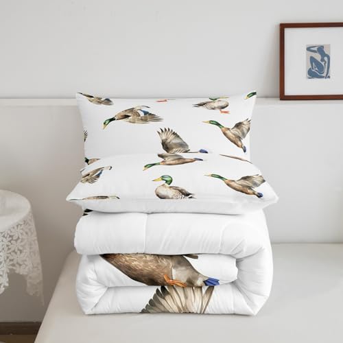Image of Feelyou Mallard Duck Bedding Set Hunting and Fishing Comforter Set Wild Animal Comforter for Boys Girls Kids Wildlife White Duvet Set Queen Size with 2 Pillow Case