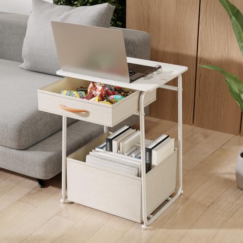 Image of Olldide White Side Table with Storage Basket, End Tables with Fabric Drawer