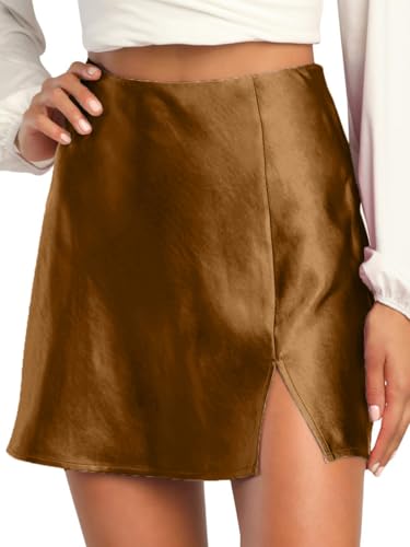 ALCEA ROSEA Women's Satin Silky Mini Skirt High Waist A-Line Short Skirts Solid Slit Front Skirts for Women (Gold,L,Large)