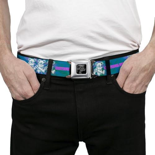 Grateful Dead Belt, Seatbelt Buckle Belt, Grateful Dead Dancing Bear Trio Rays Swirl Blue Purple Pink, Adjustable3
