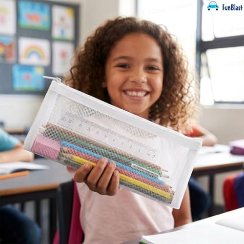 Image of FunBlast Mesh Pencil Case with Smooth Zipper, Single Layer Multi-Purpose Stationary & Pen Pouch for Boys & Girls, Transparent Stationary Bag, Organizer Pouch for Student (White-C)