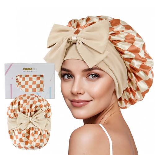 ZIMASILK 100% Mulberry Silk Bonnet for Sleeping Women Long Hair, Checkered