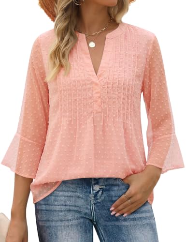 AIMCOO Blouses for Women Dressy Casual V Neck Tunic Flowy 3/4 Bell Sleeve Tops for Women Summer Chiffon Double Layer Top Loose Fitt Office Shirt Pink Medium - image 1