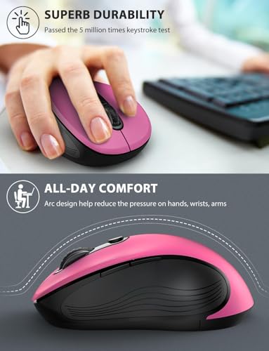Image of Trueque Wireless Mouse for Laptop, Ergonomic 6-Button Mouse, Fuchsia | 2.4GHz USB receiver, back /forward buttons, 3 adjustable DPI levels, silent clicks, USB-C adapter, Windows /Mac /Chrome OS /Linux